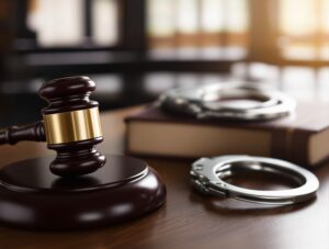 somber courtroom setting with a judge’s gavel in the foreground and a pair of handcuffs resting on a law book