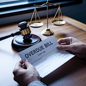 overdue bill or court fine notice, with a gavel and scales of justice 