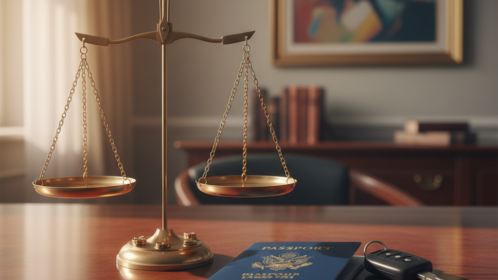 Scales of justice and passport symbolizing travel permissions under probation laws.