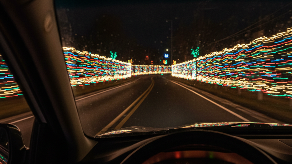Driver’s view on road decorated with holiday lights symbolizing safe holiday driving.