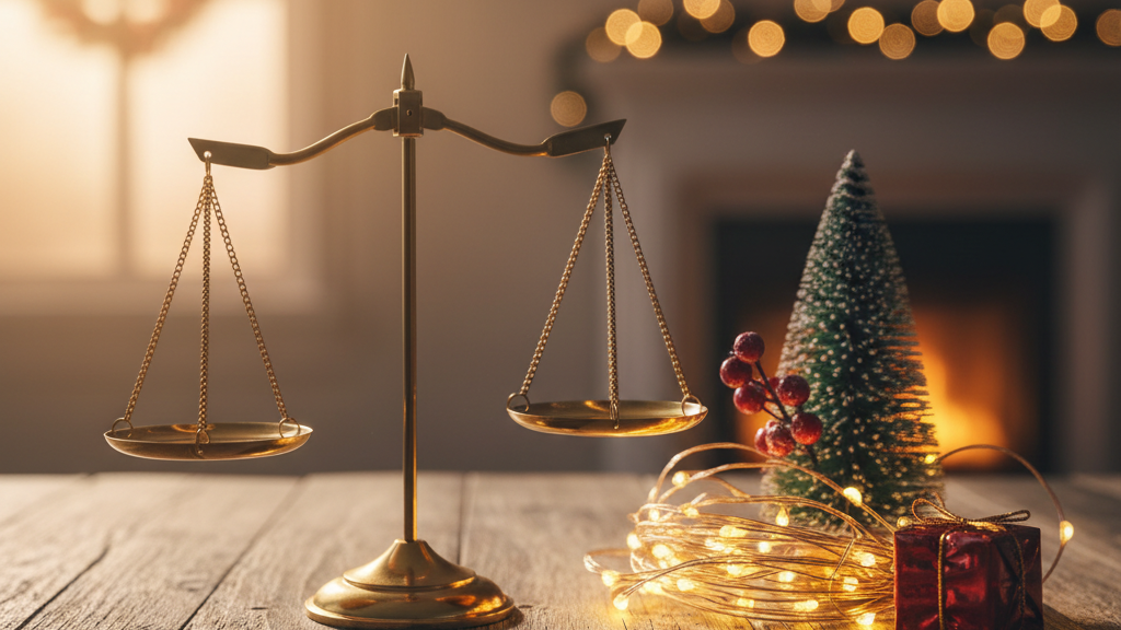 Scales of justice beside holiday decor representing responsible behavior during holidays.