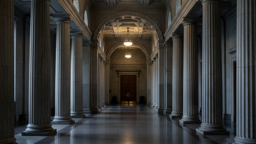 Empty courthouse hallway symbolizing juvenile court and justice process.