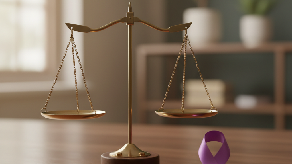 Scales of justice with purple ribbon representing Domestic Violence Awareness Month.