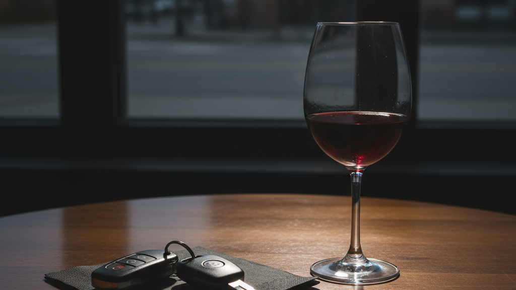 Car keys beside wine glass representing DUI awareness during holiday season.