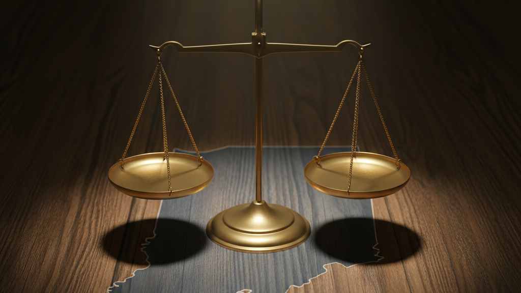 Scales of justice over Indiana map symbolizing equality and immigrant rights.
