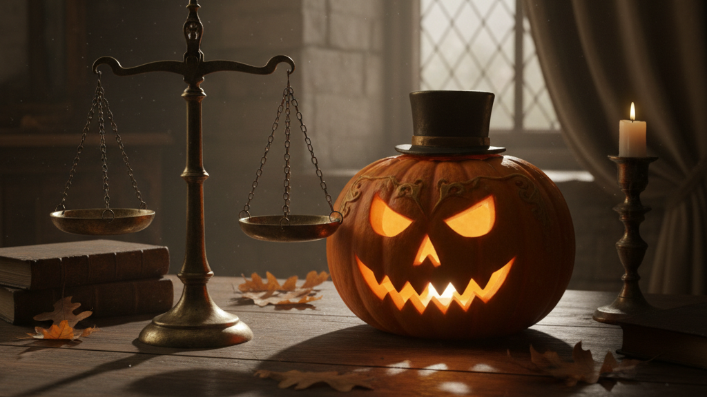 Scales of justice beside pumpkin representing Halloween crimes and legal defense.