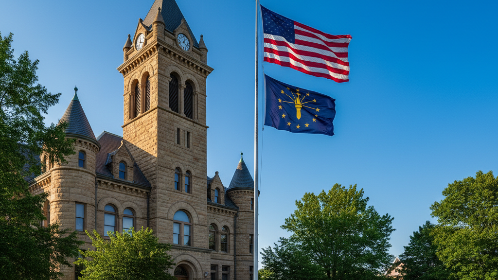 Historic Indiana courthouse with U.S. and Indiana state flags