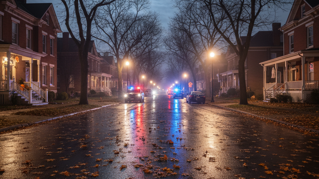 Police lights on Indianapolis street during Halloween night symbolizing law enforcement.
