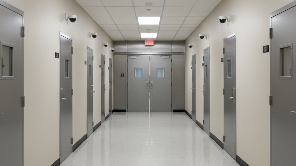 Hallway of juvenile detention facility representing youth corrections.