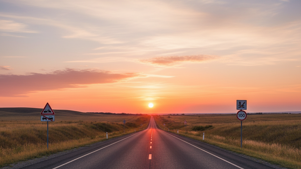 Peaceful highway at sunset representing safe driving on Labor Day weekend.